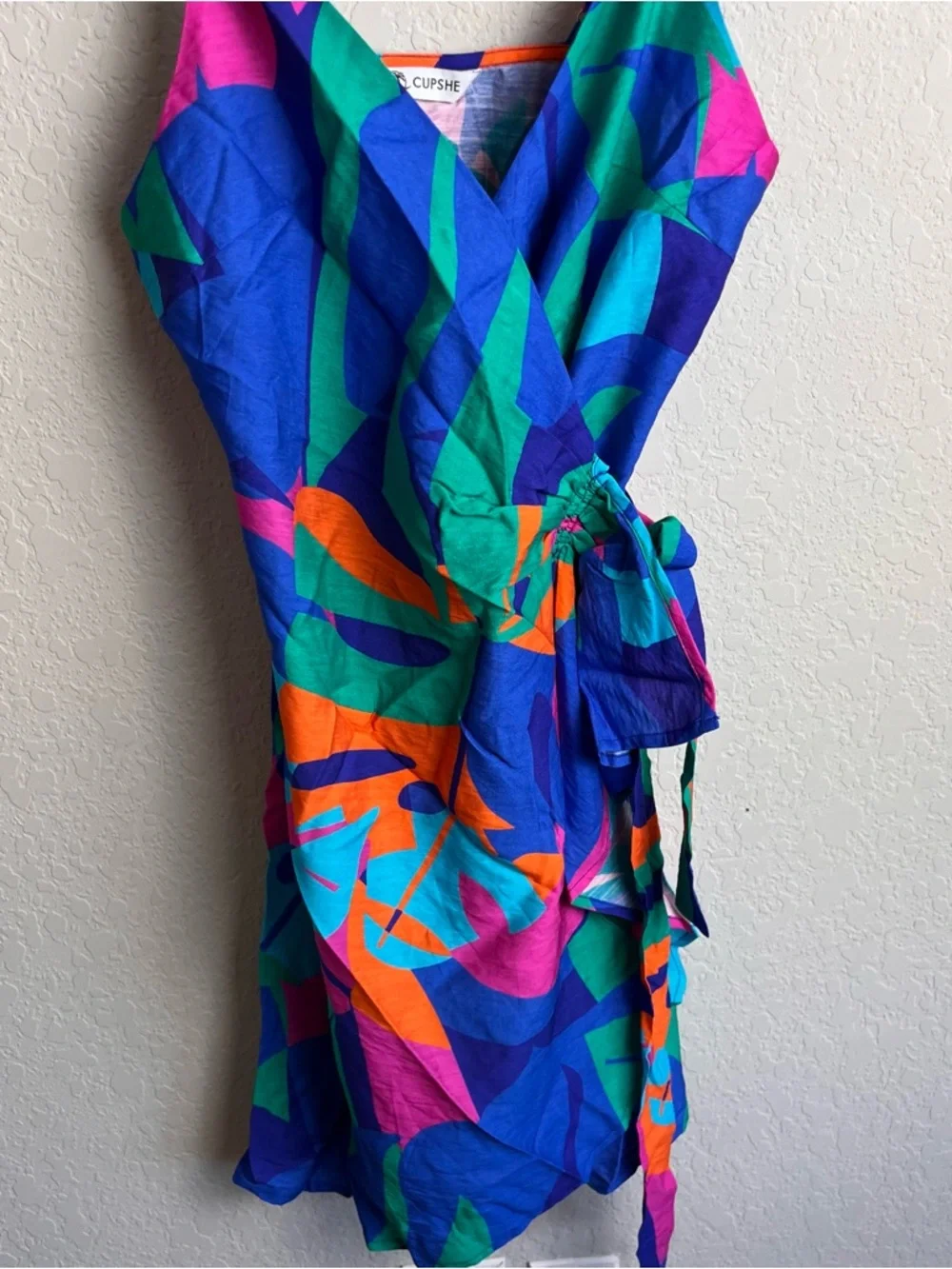 Cupshe Papaya Pop Tropical Mini Wrap Dress Small S Blue Green Print NWT Womens - Picture 6 of 15